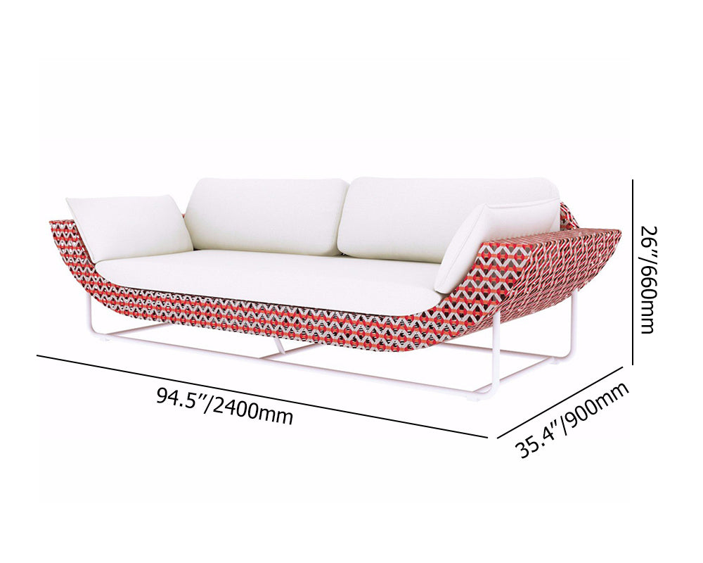 94.5" Wide Modern Aluminum & Rattan Outdoor Patio Sofa with Cushion in White & Orange