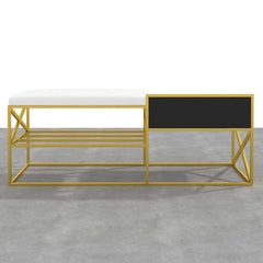 Sleek modern white upholstered entryway bench with gold legs