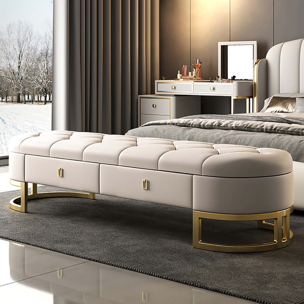Modern Beige Bedroom Storage Tufted Bench with 2 Drawers in Leather Upholstery Modern Beige Bedroom Storage Tufted Bench with 2 Drawers in Leather Upholstery