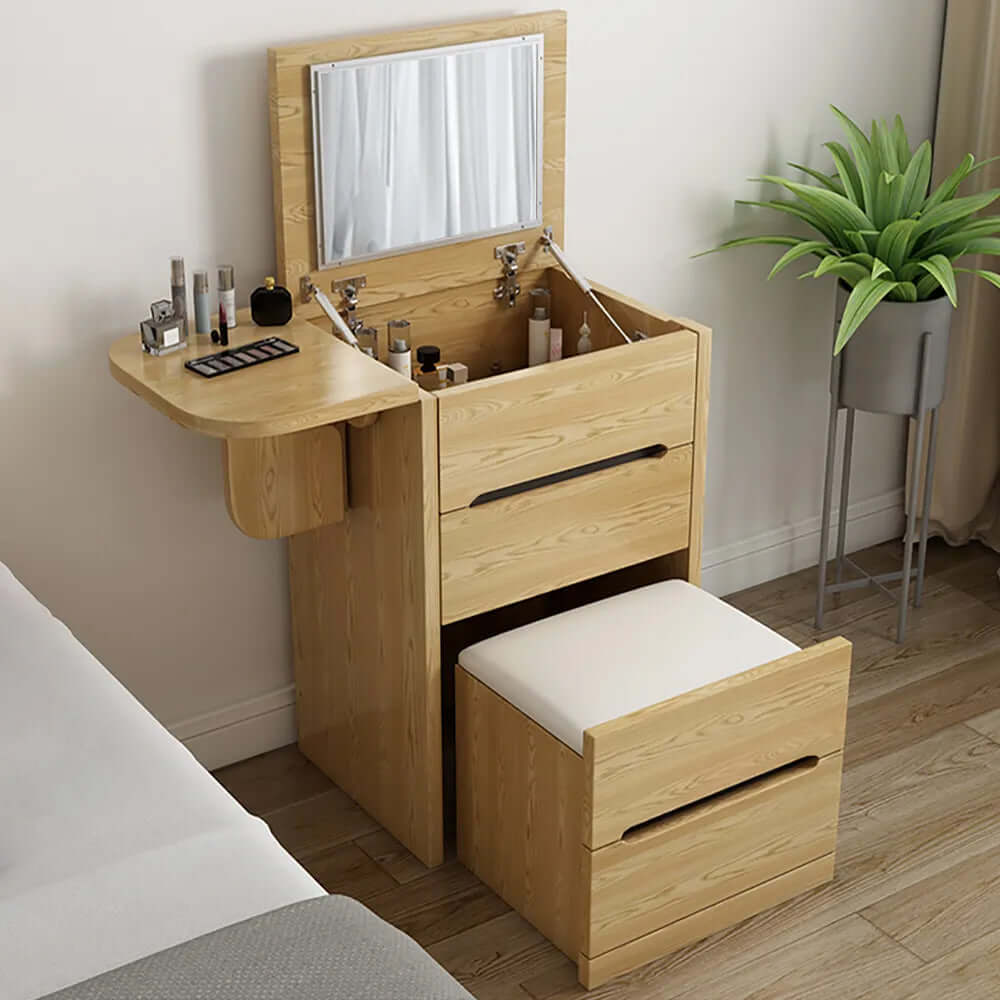 Nordic Flip Top White Makeup Vanity Mini with Stool & Mirror for modern bedroom decor メイン画像