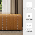 Stylish orange leather upholstered bench with tufted details, perfect for entryway decor