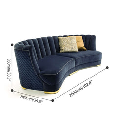 Chic 102.4 inch blue velvet upholstered sofa with gold base