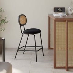 Chic black velvet counter height stools set of 2 with beautiful rattan back design