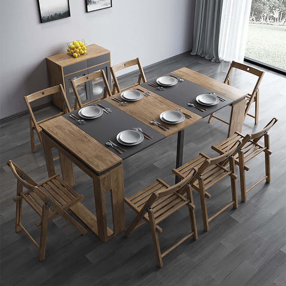 Modern extendable dining table with 4 chairs and rectangle storage sideboard in elegant walnut and gray finish
