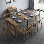 Modern extendable dining table with 4 chairs and rectangle storage sideboard in elegant walnut and gray finish