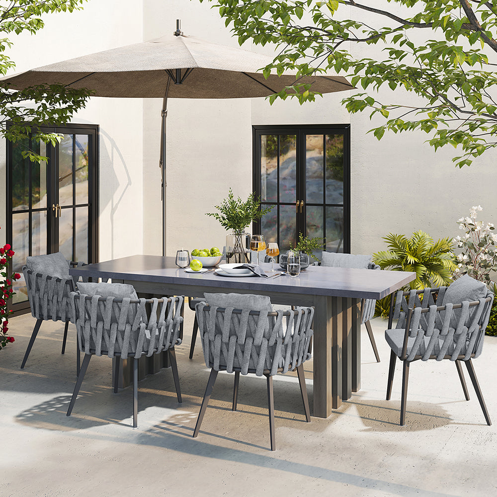 7 Pieces Gray Aluminum Outdoor Patio Dining Set with Extendable Table and Woven Armchair