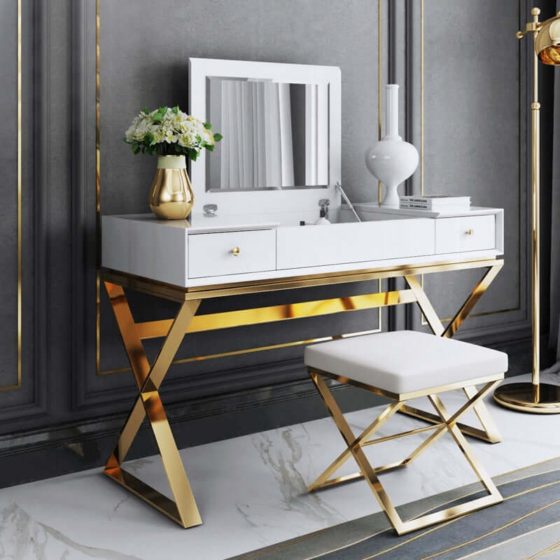 Modern 2Drawer Wood Makeup Vanity Set with Mirror & Stool X Base Stainless Steel in Gold - Cocochairs Modern 2Drawer Wood Makeup Vanity Set with Mirror & Stool X Base Stainless Steel in Gold - Cocochairs