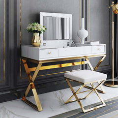 Modern gold makeup vanity set with mirror and stool for bedroom or dressing room