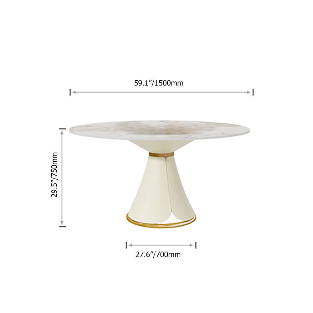 Sleek White Round Stonetop Dining Table with Golden Stainless Steel Pedestal for Modern Dining Space