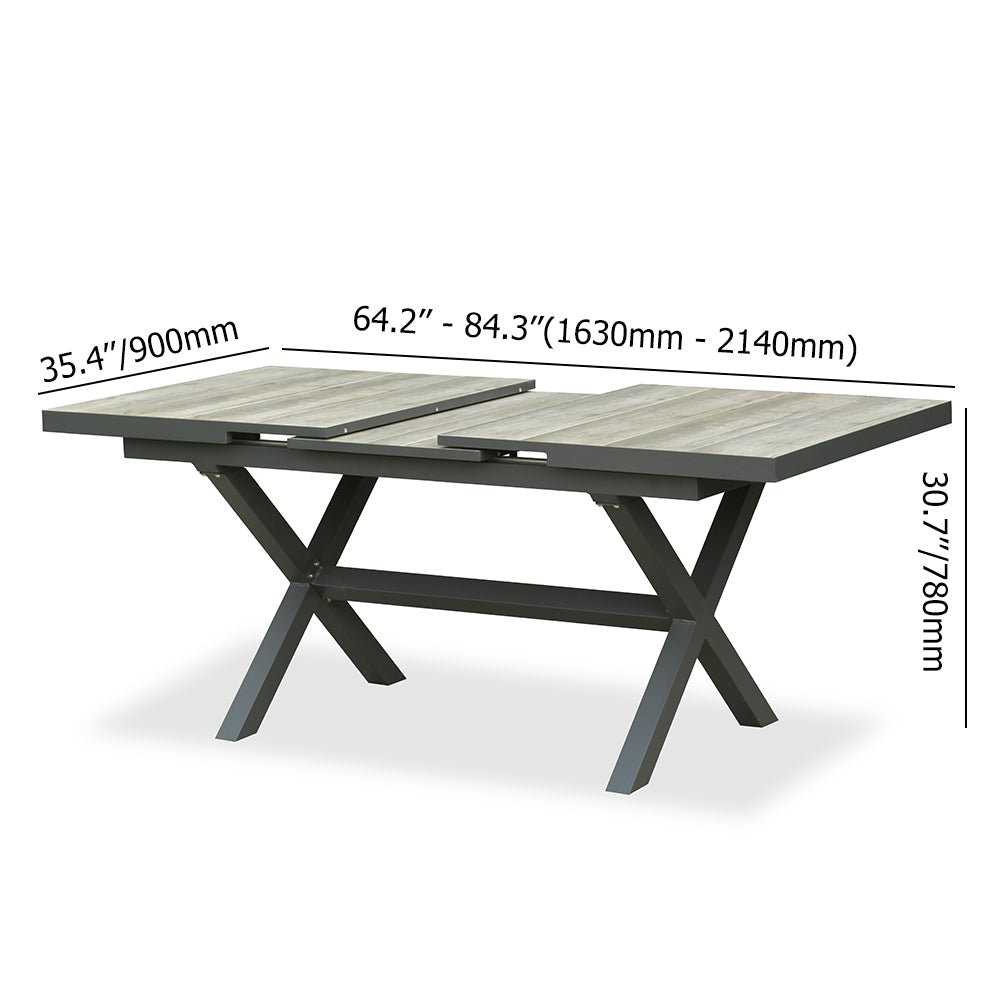 Outdoor dining set with extendable ceramic table and woven aluminum armchairs, 7 pieces
