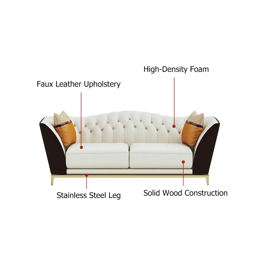 92.9" Faux Leather Upholstered Sofa White and Brown MidCentury Couch Curved Tufted Back
