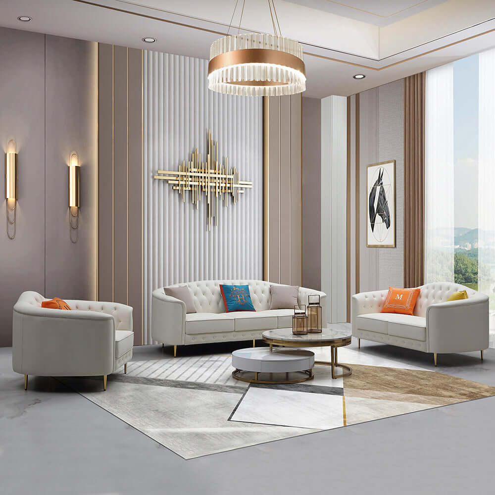 Elegant 3-piece beige leather sofa and loveseat set with throw pillows