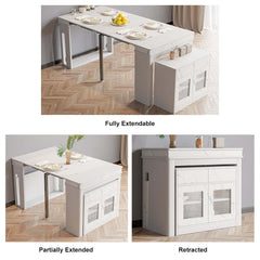 Contemporary walnut and gray dining set with extendable table, 4 chairs, and stylish storage sideboard