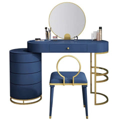 Contemporary blue makeup vanity set with side cabinet, extendable dressing table mirror & chair