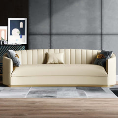 Elegant 88.6“ beige curved microfiber leather sofa with gold leg - living room furniture