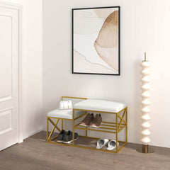 Stylish white PU leather entryway bench with gold legs