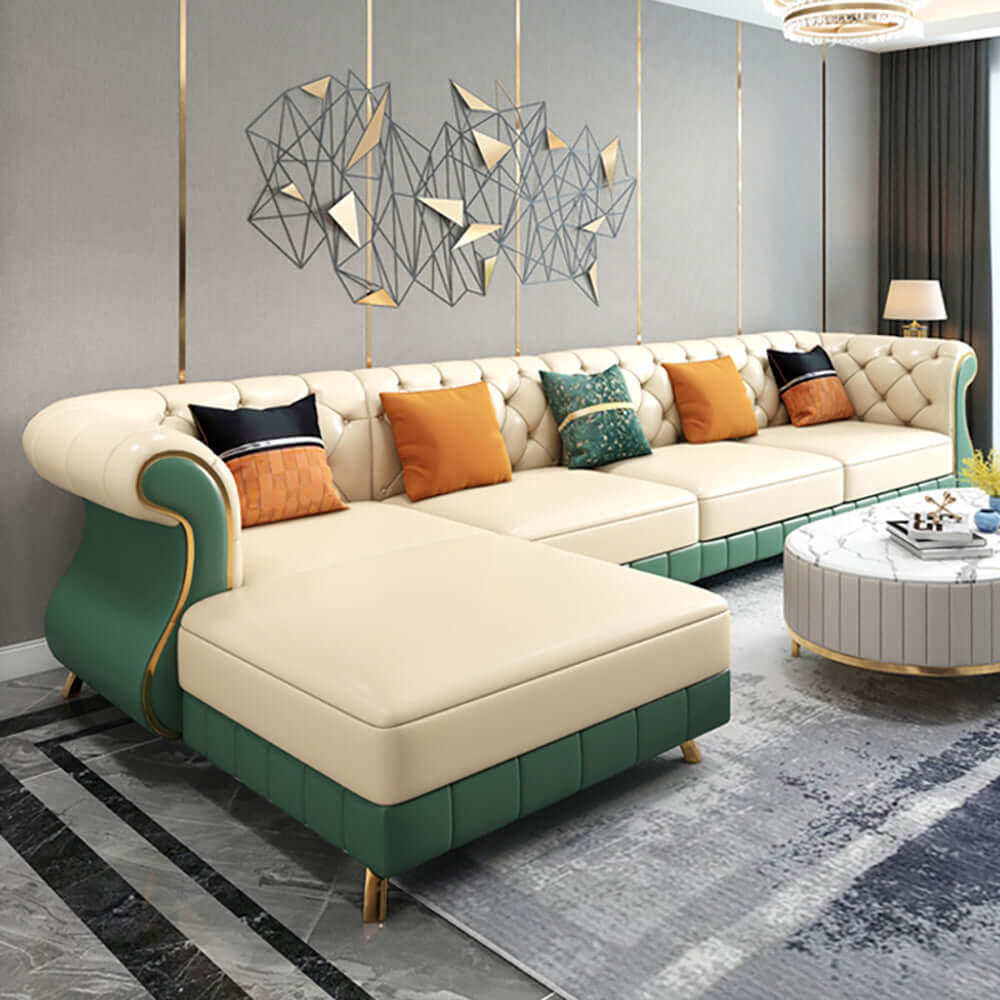 Beige and green faux leather sectional sofa with left chaise, 126 inches wide メイン画像