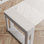 Contemporary walnut and gray dining set with extendable table, 4 chairs, and stylish storage sideboard