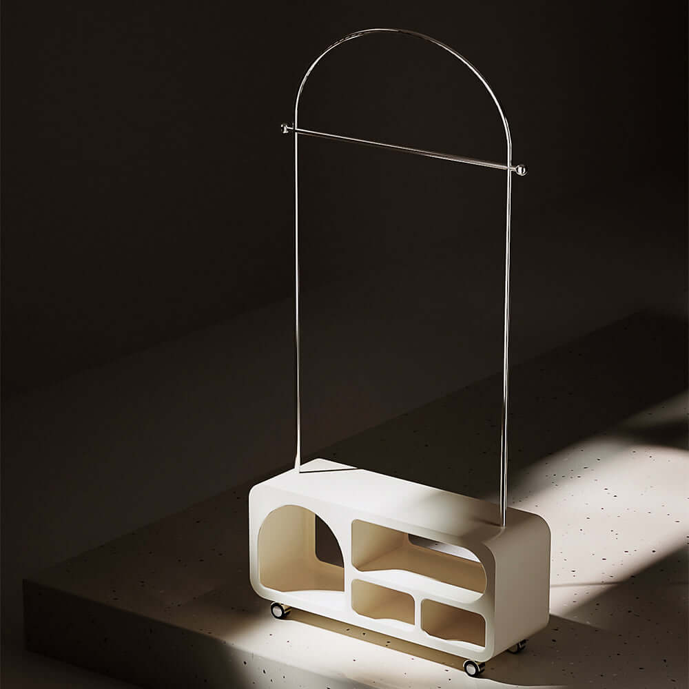 Porte-manteau d'entrée Art Déco avec banc de rangement à roues en blanc et argent Image secondaire du produit