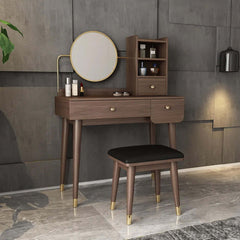 Modern minimalist makeup vanity set with mirror and stool in rich walnut finish