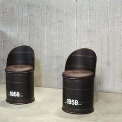 Set of 2 Industrial Bar Stools with Backs, Stylish Pub Height PU Leather Barrel Bar Stools