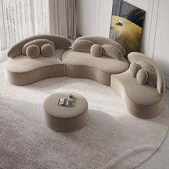 Elegant 7-seat round sectional sofa set in beige velvet with ottoman and decorative pillows