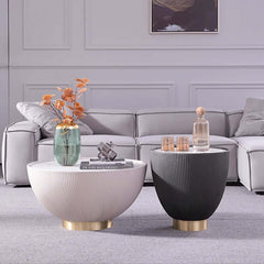 Gray drum coffee table with stone round design and PU leather accent, modern living room furniture