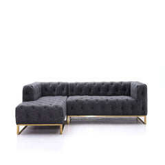 94.5 inch contemporary sofa in gray velvet, tufted upholstery, gold base, 3-seater