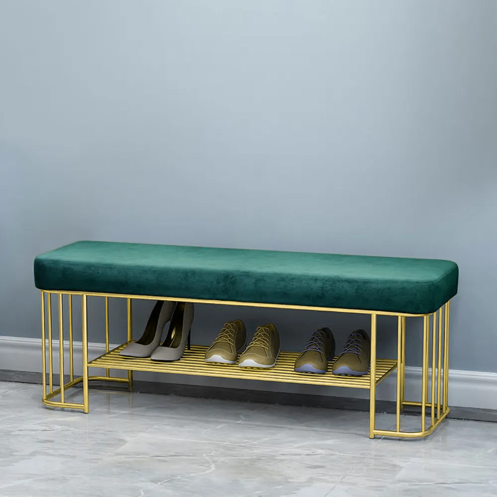 Contemporary green entryway bench with luxurious velvet upholstery and golden frame