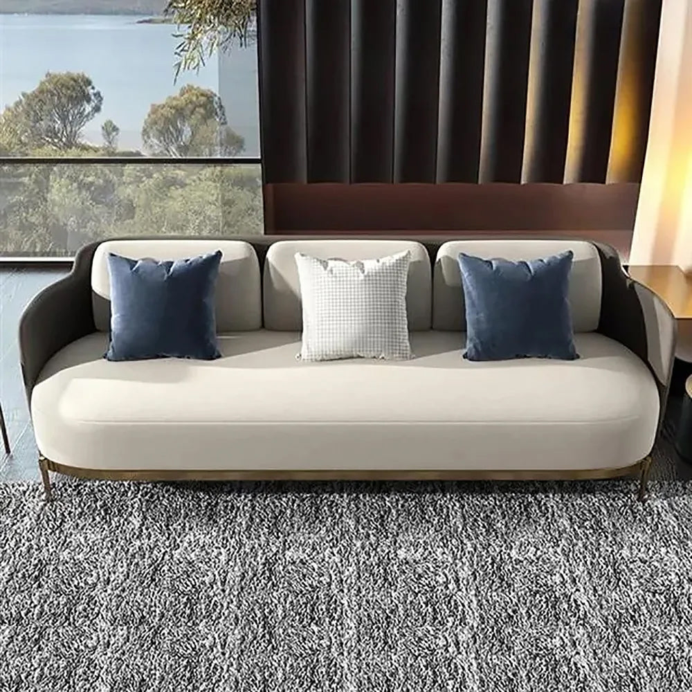 Modern MidCentury Upholstered Sofa White & Gray Linen Brushed Microfiber Leather Sofa