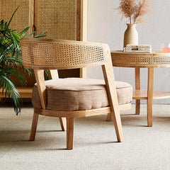 Contemporary Modern Ash & Rattan Accent Chair with Cotton & Linen Upholstery for Elegant Living Room