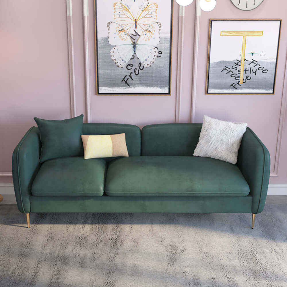 Stainless Steel Base Green LeathAire Sofa - 70.9" Modern 3Seater Upholstered