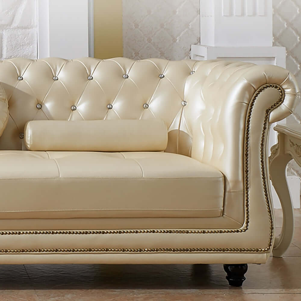 Chic Champagne 4 Seater Chesterfield Sofa, Ottoman Included, in Faux Leather