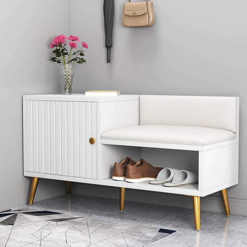 Modern white shoe rack bench with storage cabinet and shelf for hallway organization