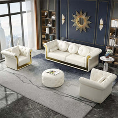 Dodiy 86.6" Stylish White Leather Upholstered Sofa with Tufted Details and 5 Pillows for Comfortable Living