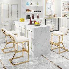 Elegant White PU Leather Bar Stool with Luxurious Gold Legs and Footrest for Kitchen or Bar