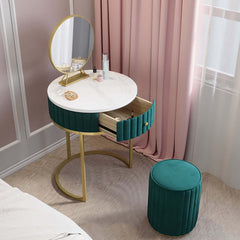 Chic modern makeup vanity set featuring soft velvet upholstered small dressing table with mirror & stool