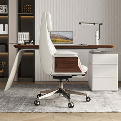 Swivel executive chair in white leather with adjustable recline and high back support