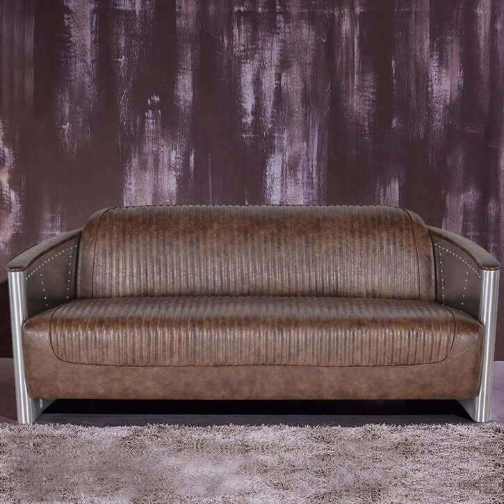 Vintage brown PU leather sofa with aviator design and nailhead trim メイン画像