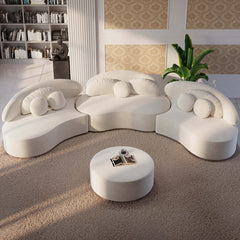 Elegant 7-seat round sectional sofa set in beige velvet with ottoman and decorative pillows