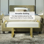 Contemporary gray upholstered bench with gold legs, great for modern bedroom and entryway decor