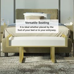 Contemporary gray upholstered bench with gold legs, great for modern bedroom and entryway decor