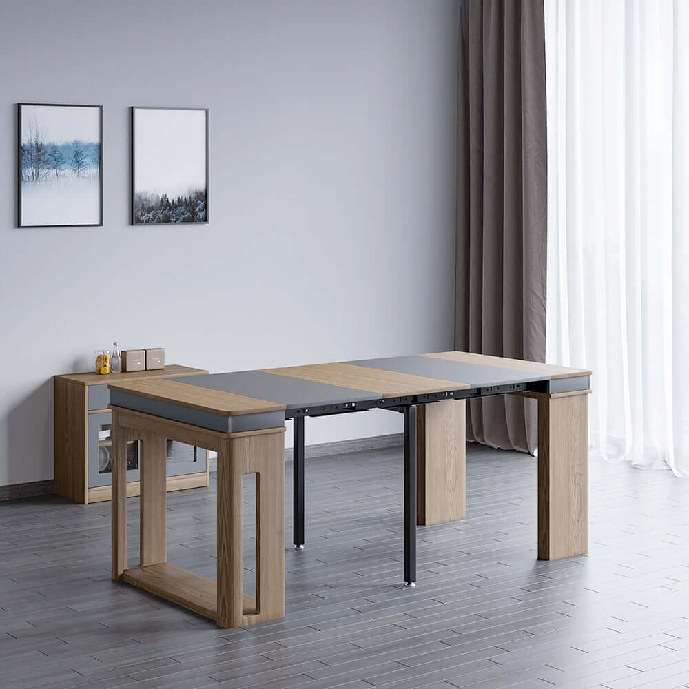 Contemporary walnut and gray dining set with extendable table, 4 chairs, and stylish storage sideboard