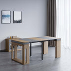 Contemporary walnut and gray dining set with extendable table, 4 chairs, and stylish storage sideboard