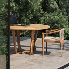 Set of two minimalist teak wood outdoor dining chairs in natural and beige