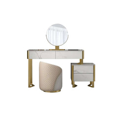 White makeup vanity set with stone top and cabinet mirror for luxurious bedroom styling