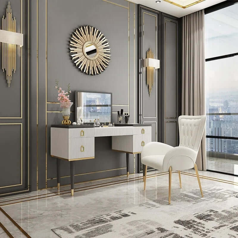 White & Gray 4Drawer Makeup Vanity Table with Mirror and Chair, Flip Top Design for Bedroom or Studio メイン画像