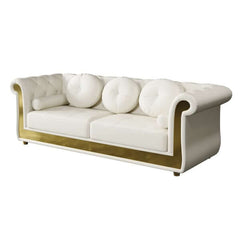 86.6" Contemporary White Leather 3-Seater Sofa with Tufted Upholstery and 5 Pillows - Modern Comfortable Design