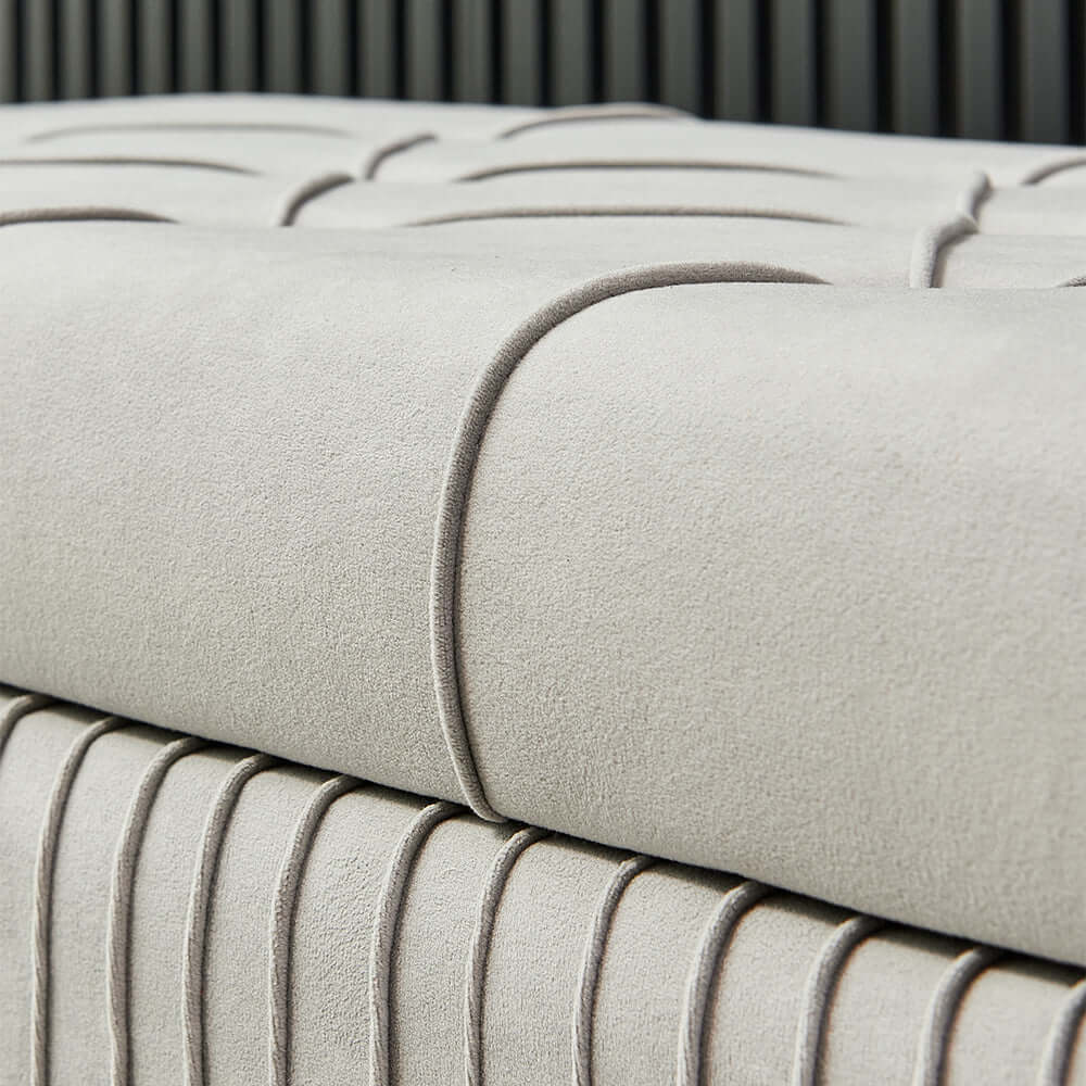 Modern upholstered storage bench in gray velvet with stylish gold legs