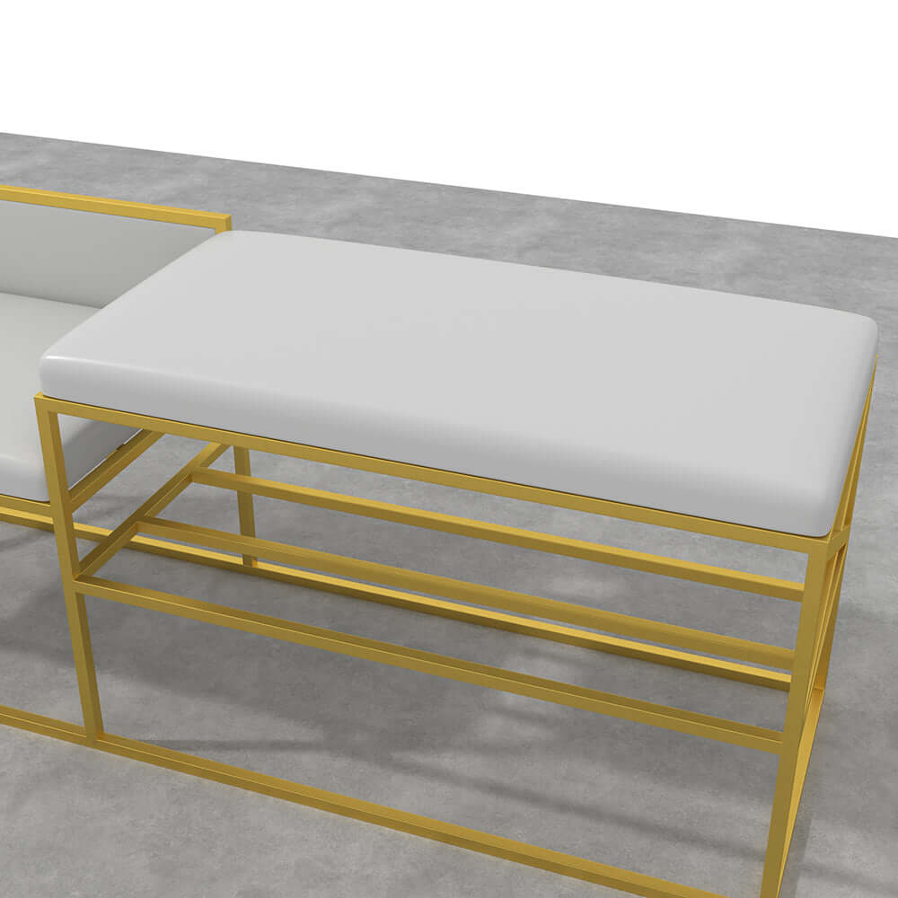 Contemporary white and gold upholstered bench for entryway decor